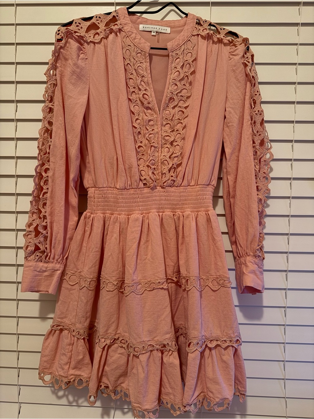 Endless Rose Peach Lace-Trim Tiered Long-Sleeve Dress